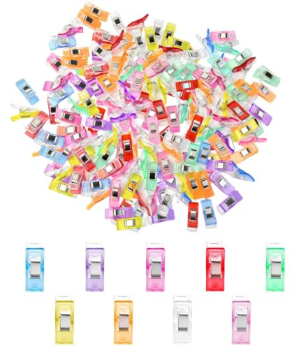 Stalora 100 Pinzas de Costura de Plástico en 9 Colores, Clips para Tela y Ropa, Accesorios de Costura Multiusos para Acolchar, Manualidades, Tejer y Fijación de Tela