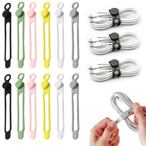 Organizer per cavi dati, fascette in silicone elastiche e riutilizzabili per raggruppare e fissare auricolari e caricabatterie del telefono (12PCS)