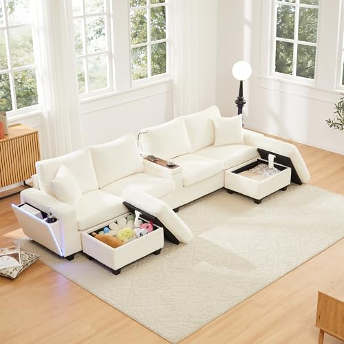 LAKFEW Sofa en Forma de U de 4 Plazas, Sofas de Salon con USB y LED, Sofa para Salon con 2 Taburetes y Portavasos, Sofá Modular 4 Plazas con Almacenaje Oculto y Cojín Cómodo, 334x128.5x81 cm, Beige
