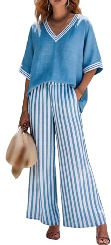Generico Completo da Donna in Cotone e Lino a Due Pezzi a Righe, Composto da Camicia a Maniche a 3/4 e Pantaloni a Gamba Larga, con Scollo a V. (Blue,L)