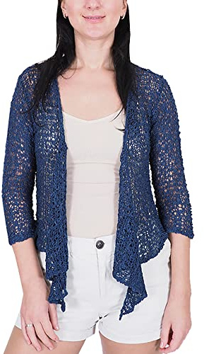 Damer popcornstil virkad vanlig stretch fisknät i midja Bolero kort kort kort kofta, Mörk denim, en storlek