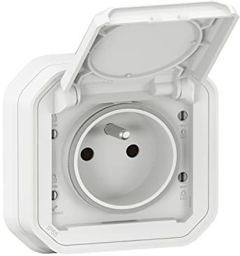LEGRAND - Prise Etanche IP55 avec Terre Plexo - Prise 2P+T 16A Complète avec Volet - Pour Pose en Encastré avec Griffes - Fabriqué En France - Blanc