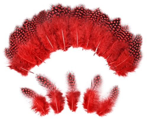THARAHT Spotted Feathers 120pcs 2-3inch Small Natural Bulk Guinea Pheasant Feather for Crafts Hats Dream Catcher Decoration Feathers,Red