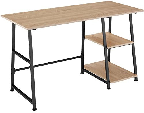 tectake Schreibtisch mit 2 Ablagen, 120 x 50 x 73,5 cm, Industrie-Design, Computertisch mit Seitenregal mit Zwei Fächern aus Holz, schwarzes Metallgestell (Industrial Holz hell, Eiche Sonoma)