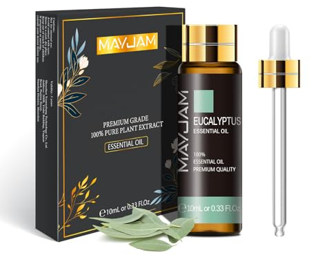 MAYJAM Eucalyptus Essential Oil 10ML - Premium Diffuser Oil | with Glass Dropper, Long Lasting Aroma, for Diffuser, Aromatherapy, Massage, Candle and Soap Making, Bedroom, Office