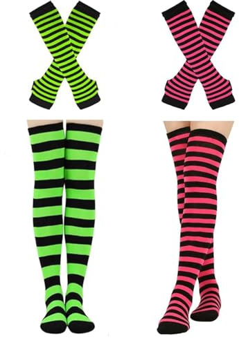 Barrlves 2/4 Sets Womens Striped Knee High Socks Long Knitted Arm Warmers Fingerless Gloves for Halloween Costume (2sets Rose+Neon)