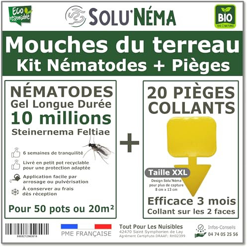 Kit Nématodes 10 millions + 20 pièges collants XXL - Contre Les Mouches du Terreau et moucherons - Formulation Gel Longue Durée pour traiter 50 pots ou 20 m² - SoluNéma