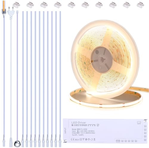 BENLUN 12V Ruban LED COB Cuisine Sous Meuble 10M, Bande LED 4000K Blanc Naturel Dimmable, Bandeau LED Connecté Adhésif CRI 93 avec Variateur et Alimentation, pour Dressing Escalier Placard