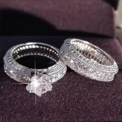 2 PCS 925 Sterling Silver Wedding Band Set 925 Sterling Silver Cushion Cut Promise Ring for Women Sterling Silver Multi-Stone Wedding Engagement Rings Moissanite Bridal Set Size 9