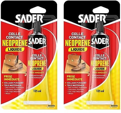 Sader Colle Contact Néoprène Liquide – Colle Extra Forte Tous Matériaux – Prise Immédiate – Idéale pour Surfaces Horizontales – Applicable au Pinceau – Tube de 125 ml (Lot de 2)
