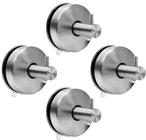 Zaxiva 4 Ganchos Ventosa 304 Acero Inoxidable Extra Fuerte, Colgador Toalla Baño Sin Perforar, Fáciles de Instalar, con Ventosa de Succión Potente, Ideal Para Accesorios de Baño y Cocina en el Hogar