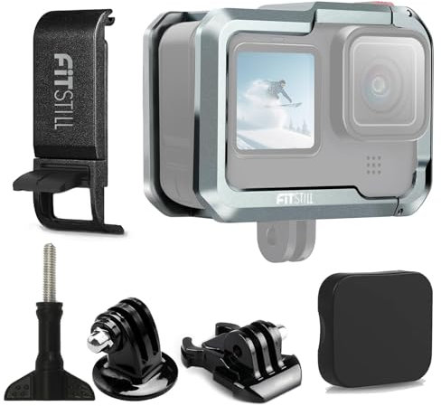 FiTSTILL Aluminium-Käfig-Schutzgehäuse für Go Pro Hero 13/12/11/10/9 Black mit Kaltschuhadapter & Batterie-Seitentür & Sockel & Schrauben