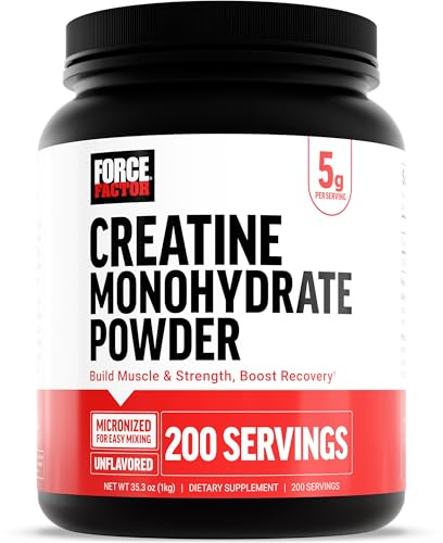 Force Factor Creatine Monohydrate Powder, 5g Micronized Dose to Support Muscle Growth, Strength, Recovery, Cognitive Health & Memory, Unflavored, 200 Servings