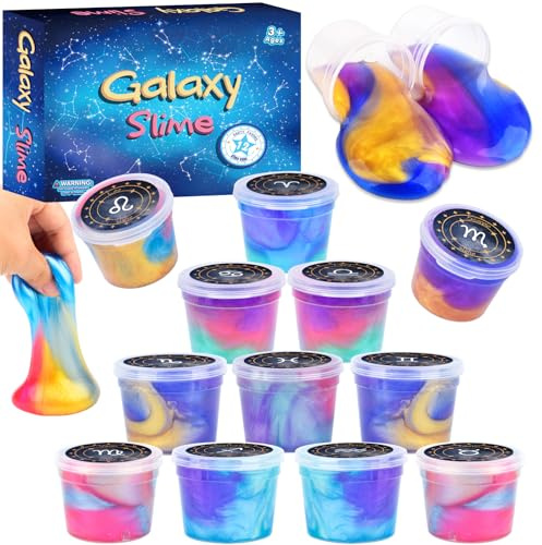 12 Pack Galaxy Slime Kit, Galaxy Slime Cup Party Favors for Girls Boys, 12 Constellations Series Mini Slime Bulk, Wet, Non-Sticky, Stress Relief Toy, Party Supplies, Classroom Rewards for Kids