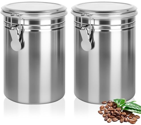 XCRPRT 2 latas de café herméticas con tapa, 1,8 L, recipiente de acero inoxidable, para granos de café, recipiente para moler, granos, té, harina, cereales y azúcar (plata)