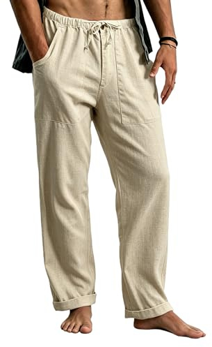 Cegerne Pantalon en Lin Homme Long Léger, Pantalon d'Été Décontracté avec Taille Élastique et Cordon, pour Plage Vacances Médiéval Vintage Usage Quotidien
