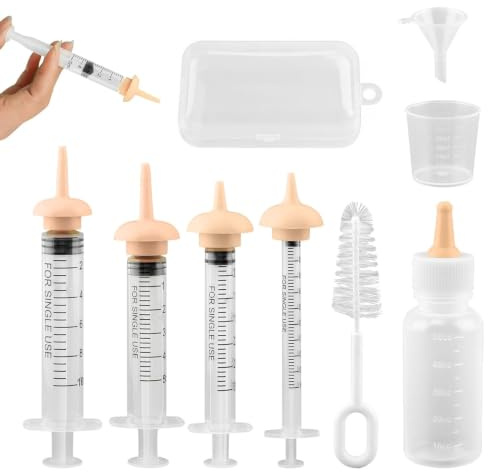 Rokahebi 9Pcs Pet Nursing Kit Silicone Feeding Bottle Set with Syringes & Nipples, Kitten Milk From Birth Puppy Milk From Birth Feeding Bottle Kit for Newborn Small Animals Care