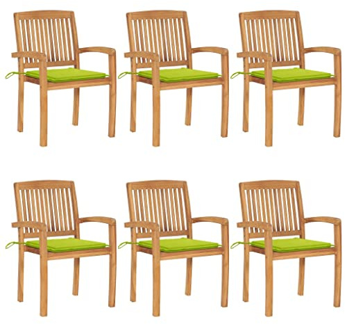 YuuSsea Stapelbara trädgårdsstolar med kudde 6 st. massivt teak 60 x 57,5 x 90 cm väderbeständig för balkong terrass utomhus med armstöd bekvämt vadderat dyna utrymmesbesparande