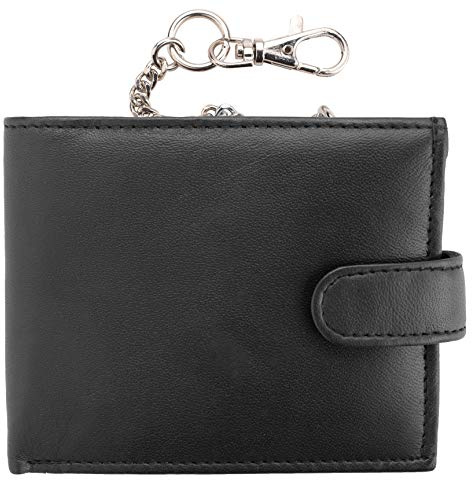 Mens RFID Blocking Genuine Leather Wallet with Safety Chain in Black