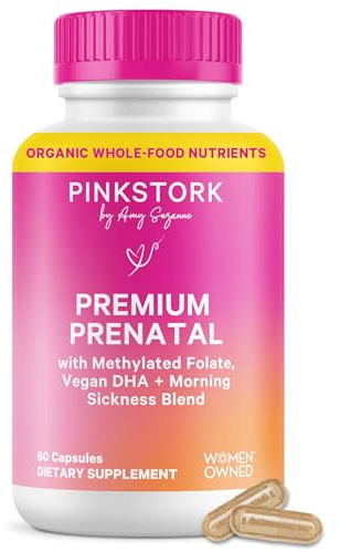 Pink Stork Premium Prenatal Vitamins for Women | Methylated Folate, Choline, Iron, Vegan DHA | Doctor-Formulated | Organic Whole-Foods & Probiotic | No Fishy Burps | Gentle on Stomach, 60 Count