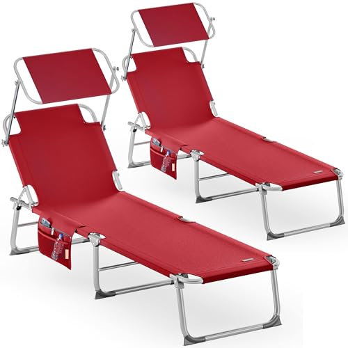 Casaria® 2er Set Sonnenliege Klappbar Wetterfest Gartenliege Mit Dach Seitentasche 150kg Belastbar Alu Liegestuhl Leicht Relaxliege Strand Pool Rot