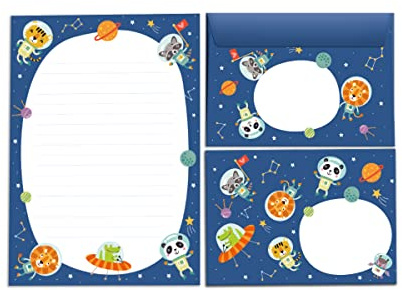 Brevblock med kuvert för barn djur raket astronaut rymden brevpappersset (lock A5 med 25 ark + 15 kuvert)