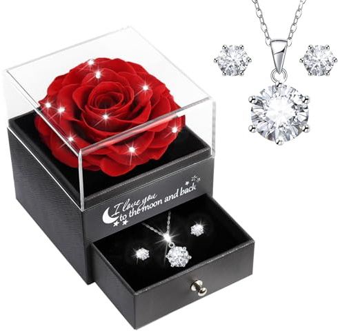 Sunia Regalo Dia de la Madre,Rosa Eterna con Collar y Pendientes de Plata de Ley 925,Rosa Real Preservada para Mama Abuela Novia,Regalo Cumpleaños Mujer,Regalo del Dia de la Madre San Valentin Navidad