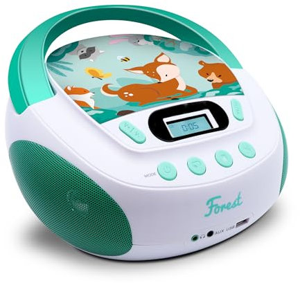 Metronic 477147 - Lector CD portátil Forest, Reproductor de CD portátil Compacto con Altavoz estéreo Mejorado, Entrada USB, Entrada AUX y Conector para Auriculares, Verde