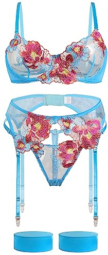 Aranmei Set di Lingerie da Donna 4 Pezzi con Reggiseno con Ferretto in Pizzo Ricamato Floreale con Perizoma Fasce per Cosce e Reggicalze, Cielo Blu, XL