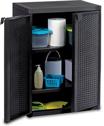 Tidyard Gartenschrank Kunststoffschrank Geräteschuppen Spindschrank Terrassenschrank Balkonschrank Schrank mit 3 Regalböden Schwarz 65x45x88 cm PP Rattan