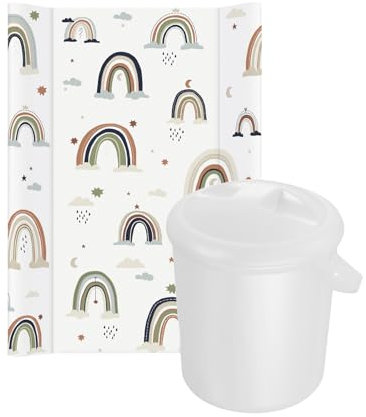 Wickelauflage Keil, Boho Rainbow, mehrfarbig + Rotho Babydesign Windeleimer, weiß