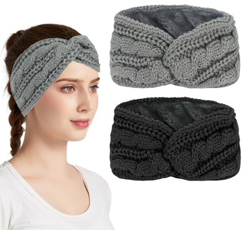 Semato 2 Pcs Ear Warmers Headband for Women Ear Muffs for Winter Women Thick Chunky Crochet Knitted Turban Headbands Winter Accessories(Light grey + dark grey)