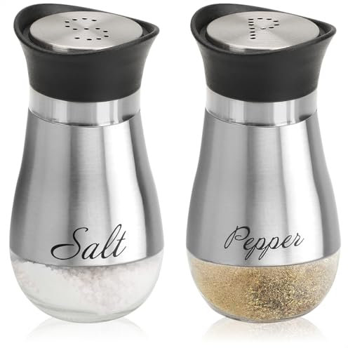 COM-FOUR® Set saliera e pepe da 2 pezzi in acciaio inossidabile e vetro - contenitore per spezie con etichetta - shaker per spezie in cucina e ristorazione - dispenser (Set da 2 pezzi - argento)