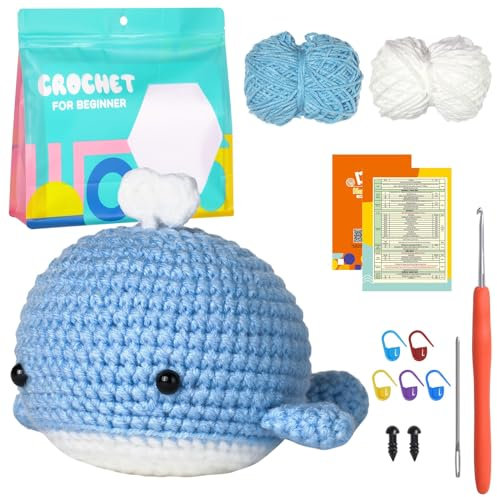MJARTORIA Strickset Häkelset für Anfänger Tiere, Häckeln Stricken für Anfänger Set mit Anleitung Häkelnadeln Garn, Kreativ Strickset Bastelset Erwachsene Kinder Geschenk (Blau Wal)