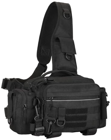 YuanWen Tactical Fishing Tackle Bag Multi-Functional Durable Water-Resistant Waist and Crossbody Bag with Rod Holder and MOLLE System for Outdoor Fishing Hiking and Travel