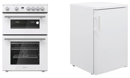 Hisense HDE3211BWUK 60cm Electric Cooker with Ceramic Hob-White A Rated Double Oven - White & RL170D4BWE Freestanding 56cm Under Counter Fridge - 132 litre capacity - Auto Defrost