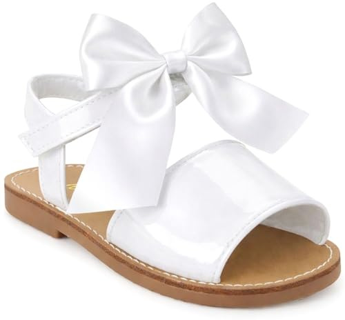 Girls Bow Sandals, Spanish Style Menorcan Faux Leather Patent Dressy Everyday & Holiday. Toddlers & Kids, Flat Sole Summer Party Shoes, White, Pink, Camel, Navy, Mint
