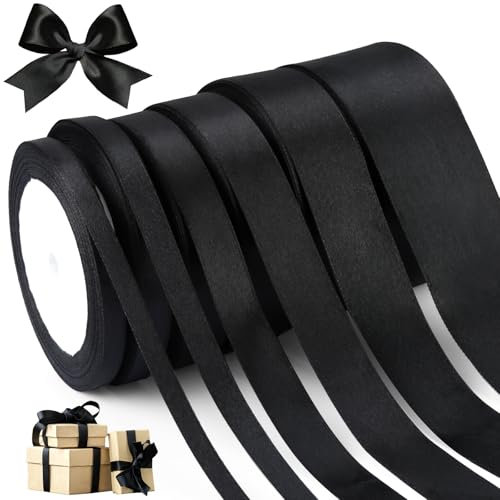 JIANGZHIB 6 Rollen Satinband Schwarz Set, 22m Geschenkband, 0.6/1/1.5/2/2.5/4cm Polyester Satinband, Schleifenband Seidenbänder für Hochzeiten, Geburtstage, Weihnachten Dekoband