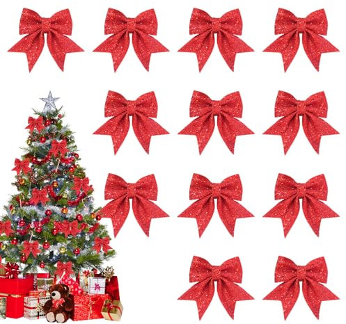 MytaYt 12 Stück Schleifen Weihnachten Rot Deko Schleifen Weihnachten Große Rote Schleife leuchtenden Weihnachtsbaum Schleifen 12 * 15 cm Weihnachtsschleifen Rot Feiertagsdekorationen, Weihnachtsbaum