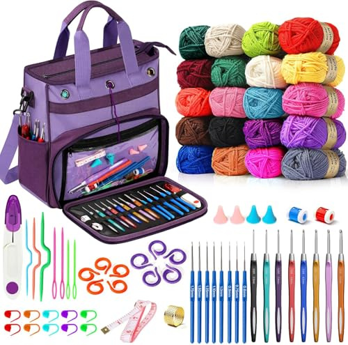 Spardar 74 pcs Tejido Crochet Kit, Kit de Ganchillo para Principiantes con Bolsa Almacenamiento Grande, 20 Hilos de Crochet, 16 Ganchos de Crochet, para Adultos, Ancianos y Niños