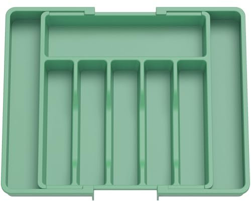 Lifewit Extendable Cutlery Drawer Organiser, Adjustable Cutlery Tray, Plastic Adjustable Kitchen Storage Dividers for Utensil Spoons Forks Knives, 8 Compartments, 33-57 x 38cm, Green
