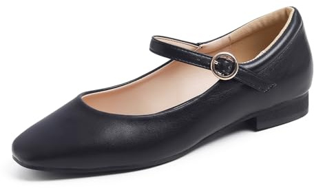 Feversole Women's Square Mary Jane Fashion，Dames élégantes Chaussures décontractées Ballet Plat Bout carré Confortable Marche Quotidienne Mary Jane Chaussures de Mode Cuir végétal Noir 38 EU