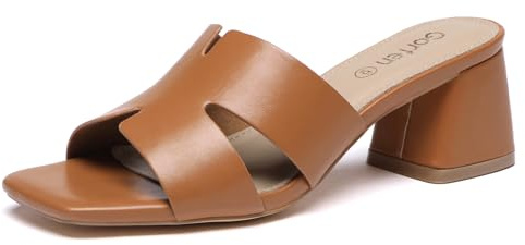 Gorfen Low Block Chunky Heels Sandals for Women Slip on Casual and Comfortable Square Open Toe Sandals,Brown Size 8