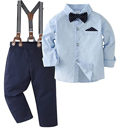 Amissz Barn kostym och matchande gentleman, pojkar kläder set skjorta + hängslen + byxor dop bröllop klänning 1–10 år, Blå, 11-12 anni