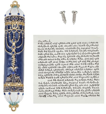 NICENEEDED Mezuzah Dipinta A Mano, Articolo di Benedizione per L'Inaugurazione della Casa in Cristallo Blu, Placca Mezuzah Smaltata Nera e Oro Ebraica