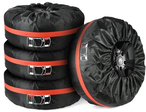 Adiwo Car Spare Tire Covers 4 Pack, 19-23 IN Tyre Bag Set, Diameter 80cm Wheel Protection Cover, Tyre Bags with Handle, Waterproof Dustproof Auto Spare Tires Storage Bags for Car UV SUV Truck Black L