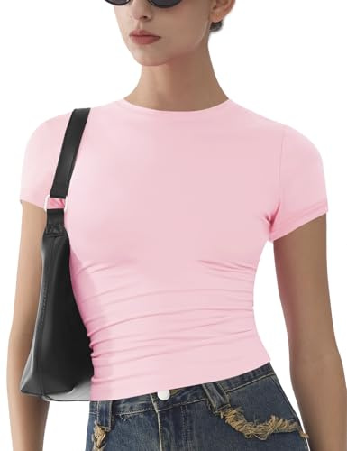 T- Shirts Femmes Basique À Manches Courtes Slim Fit Doux Crewneck Crop Y2k Tees D’été Extensible Mignon Tops Rose Clair M