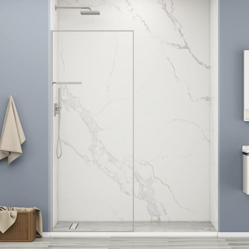BathBliss 34W×76H Fixed Shower Glass Panel with Triangle Shelf, 5/16(8mm) Tempered Glass Shower Screen for Walk-In Shower, Brushed Nickel