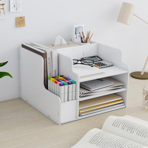 PUNCIA 3-Tier Office White Letter Tray Desk Tidy Organiser A4 File Rack Paper Sorter Storage with Vertical Horizontal All in One Supplies Storage Box Desktop Magazine File Holder