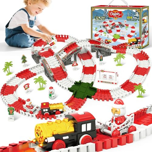 MOONTOY Navidad Pista de Coches para Niños, 233 Piezas Circuito Coches Pista Flexible con Tren Eléctrico de Juguete, Año Nuevo para Niños y Niñas de 3 4 5 6 Años